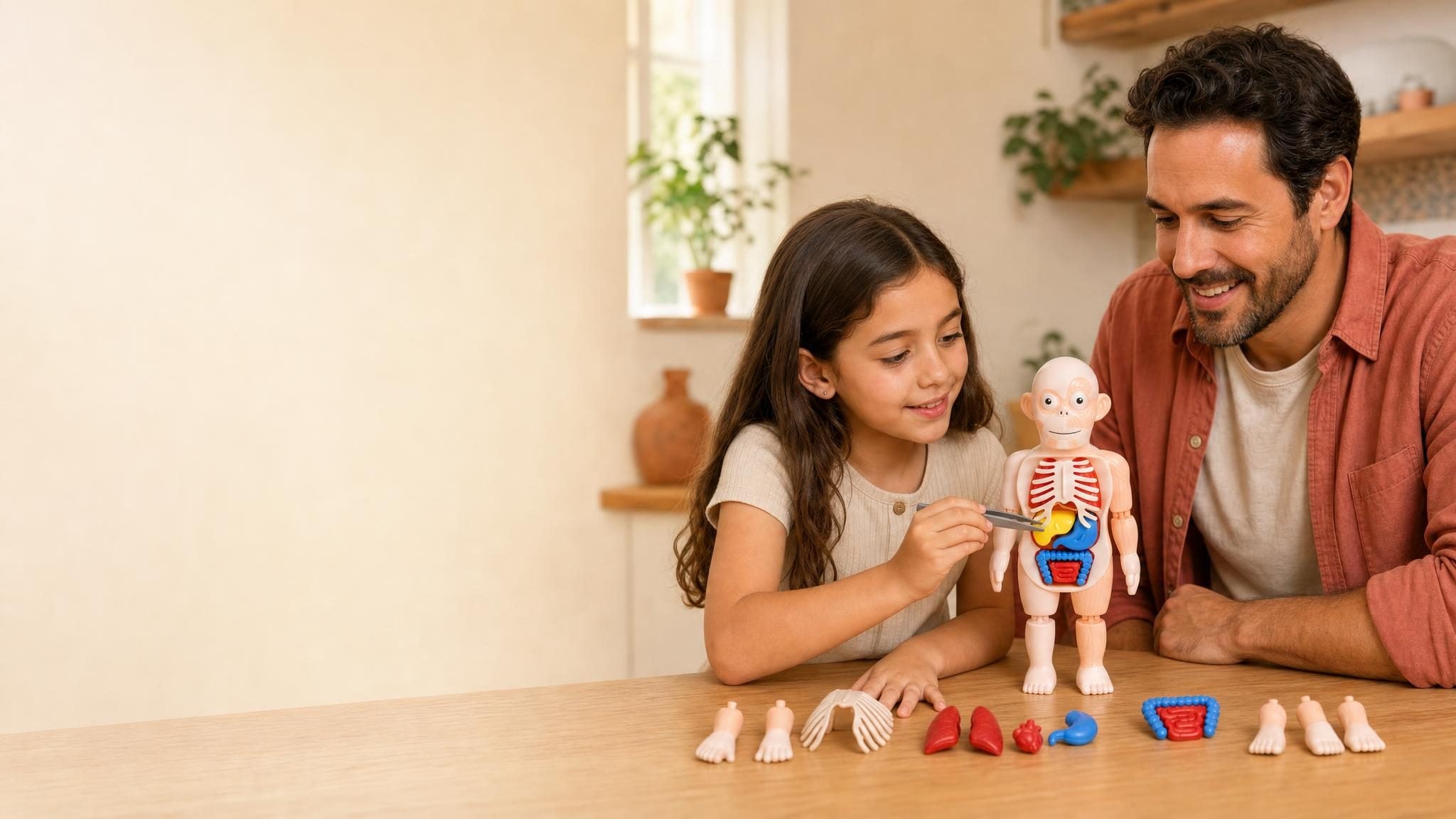 Niña armando el muñeco de anatomía con su papá